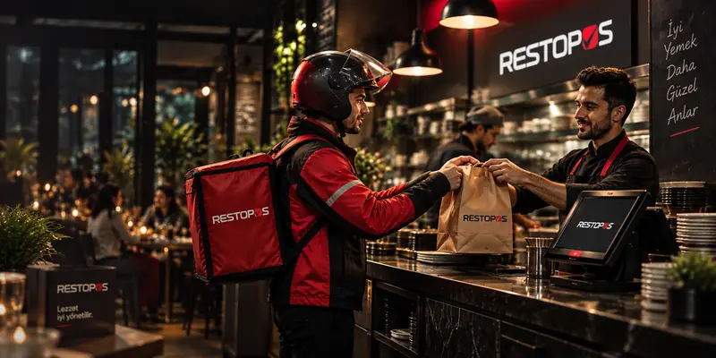RestoPOS markalı kurye, tezgâhta paket siparişini teslim alıyor