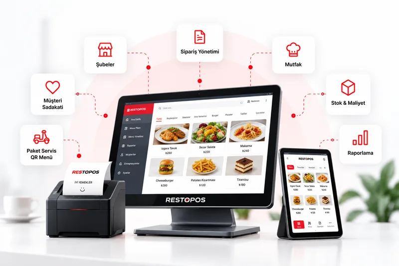 RestoPOS satış terminali, tablet ve fiş yazıcısı; şubeler, sipariş yönetimi, mutfak, stok ve maliyet, raporlama, paket servis ile müşteri sadakati modüllerine bağlı