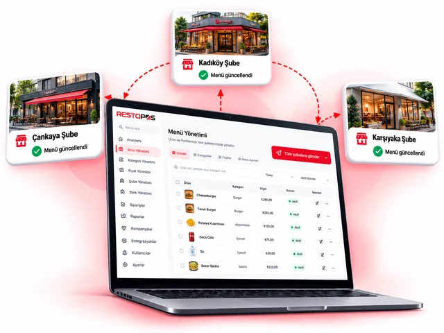 Dizüstünde RestoPOS menü yönetimi ekranı ve «Tüm şubelere gönder» düğmesi; kırmızı kesikli çizgilerle bağlı Kadıköy, Çankaya ve Karşıyaka şube kartlarında «Menü güncellendi»