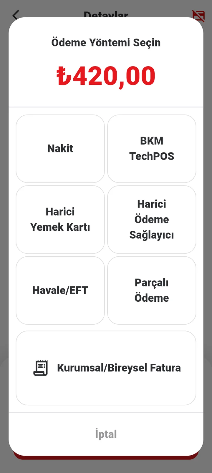 Ödeme yöntemi seçimi: nakit, kart, yemek kartı, havale/EFT, parçalı ödeme ve kurumsal/bireysel fatura