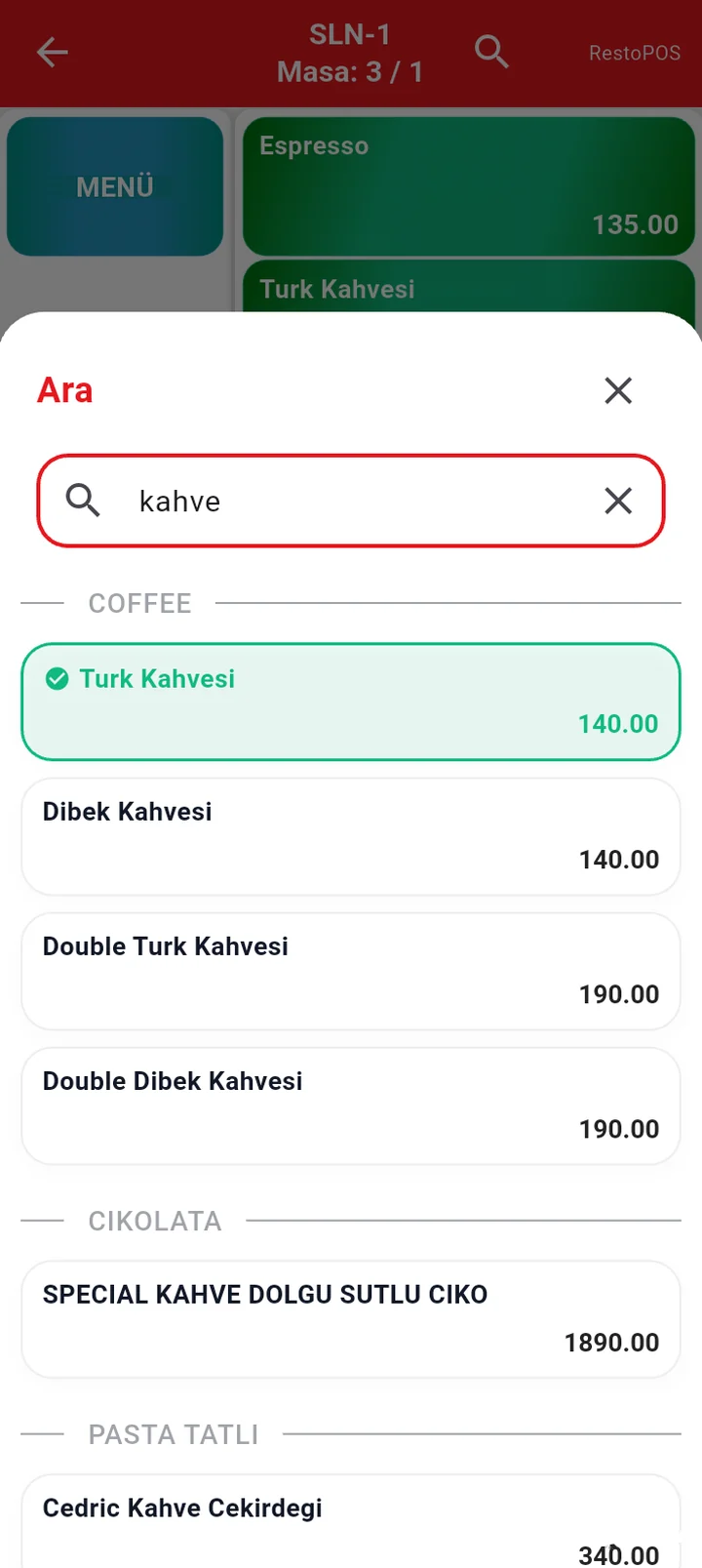 Ürün arama: kahve araması, sonuçlar ürün grubuna göre başlıklı, sepetteki ürün işaretli
