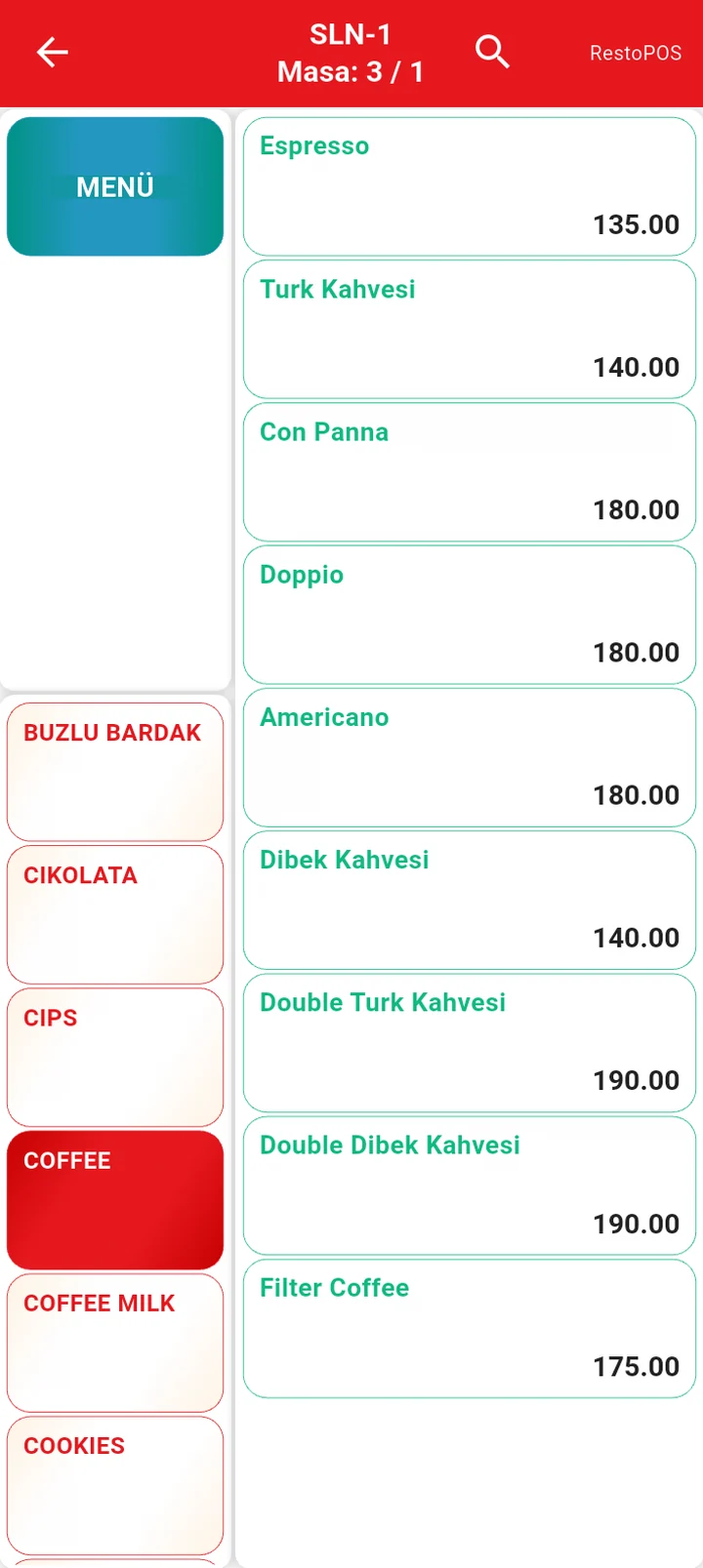 Sipariş ekranı: solda ana ve alt menüler, sağda kahve ürünleri ve fiyatları