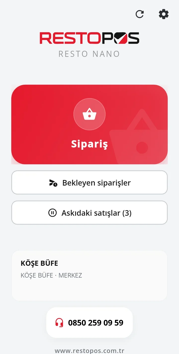 Ana ekran: büyük Sipariş düğmesi, işletme adı ve destek hattı