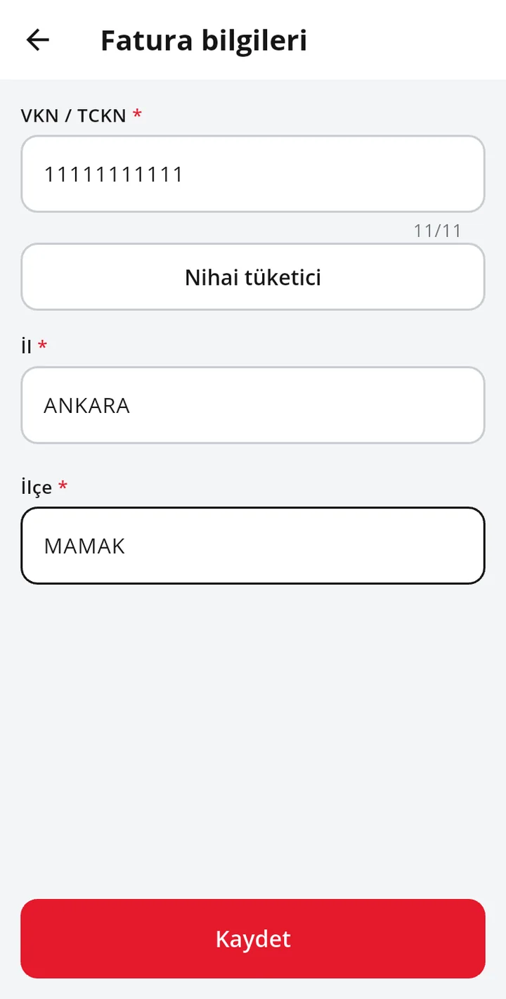 Fatura bilgileri: VKN/TCKN alanında nihai tüketici numarası, il ve ilçe, Kaydet düğmesi
