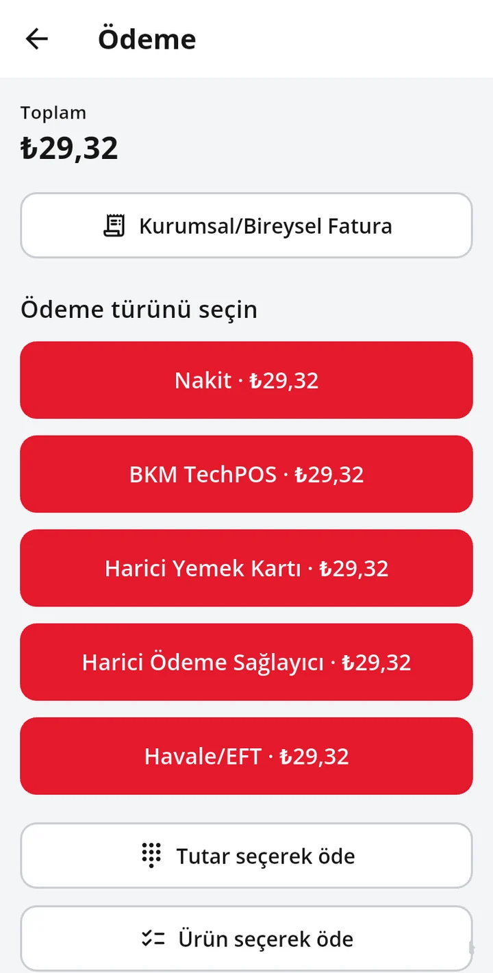 Ödeme ekranı: toplam tutar, fatura düğmesi ve Pavo'dan gelen ödeme türleri