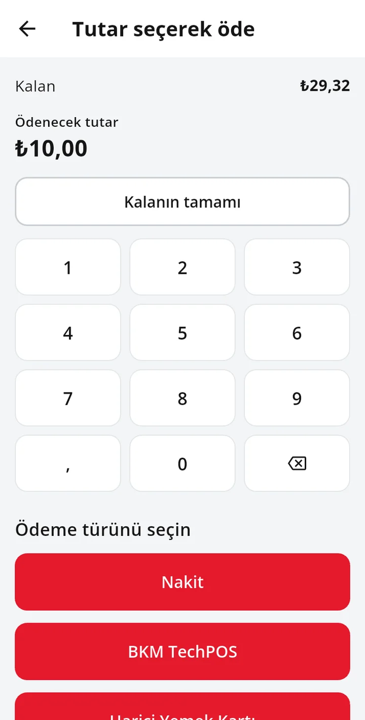 Tutar seçerek öde: kalan tutar, girilen 10 TL, tuş takımı ve ödeme türleri