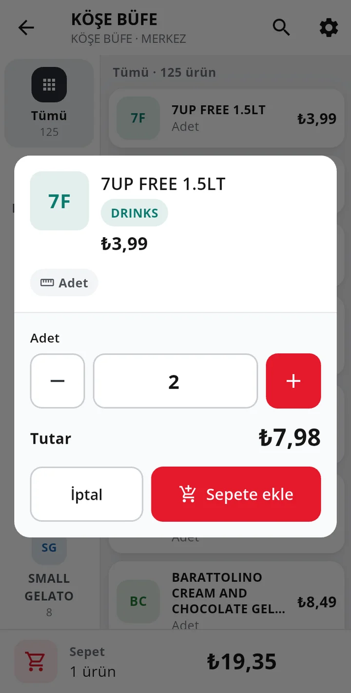 Adet penceresi: ürün, birim fiyat, iki adet ve toplam tutar