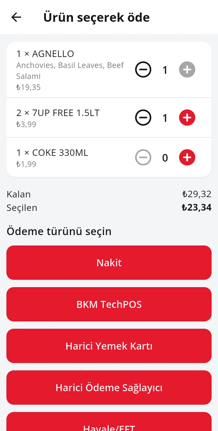 Ürün seçerek öde: kombo ve bir içecek seçilmiş, kalan ve seçilen tutar, ödeme türleri