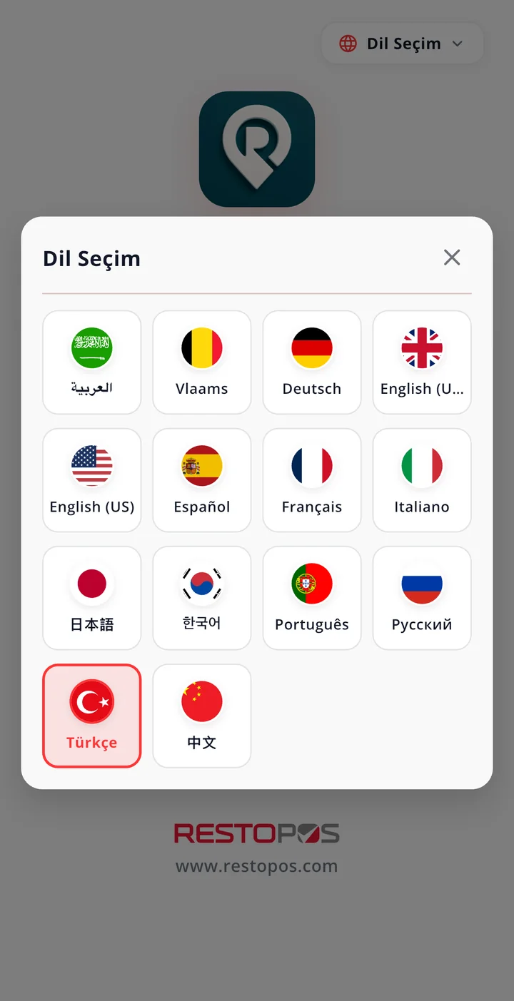 Dil Seçim penceresi: bayraklarla 14 dil, Türkçe seçili