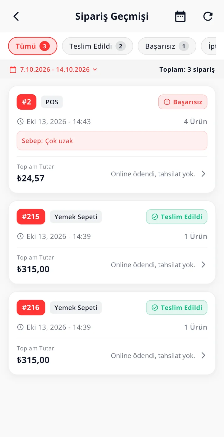 Sipariş Geçmişi: Tümü, Teslim Edildi, Başarısız süzgeçleri sayılarıyla, tarih aralığı, toplam 3 sipariş; POS ve Yemek Sepeti siparişleri, başarısız siparişte Sebep: Çok uzak