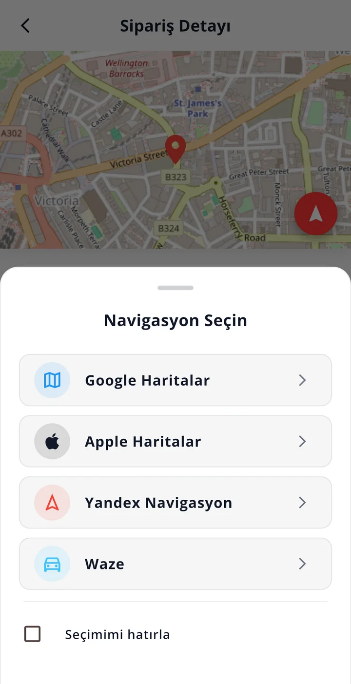 Navigasyon Seçin: Google Haritalar, Apple Haritalar, Yandex Navigasyon, Waze ve Seçimimi hatırla kutusu