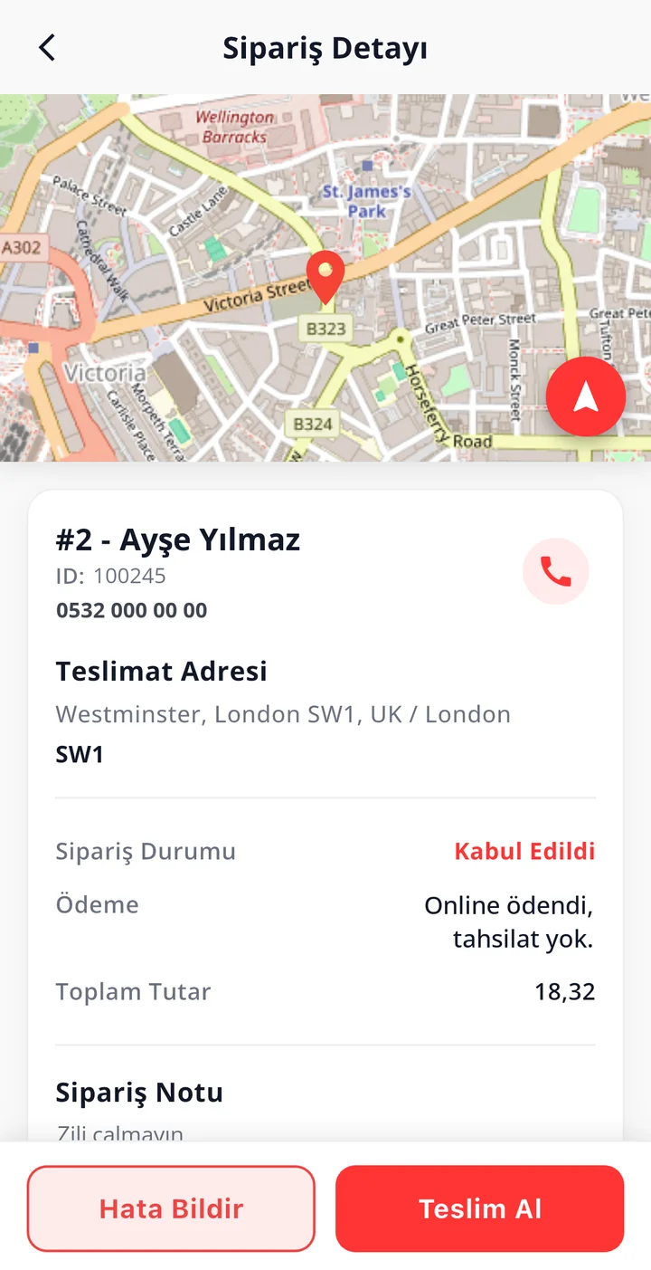 Sipariş Detayı: üstte teslimat adresi haritada, altında müşteri, teslimat adresi, sipariş durumu, ödeme bilgisi, toplam tutar; Hata Bildir ve Teslim Al düğmeleri