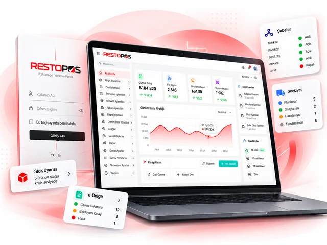 RSManager web paneli dizüstü bilgisayarda: günlük satış, fiş sayısı ve satış grafiği; yanında giriş ekranı ile şube, sevkiyat, stok uyarısı ve e-belge kartları