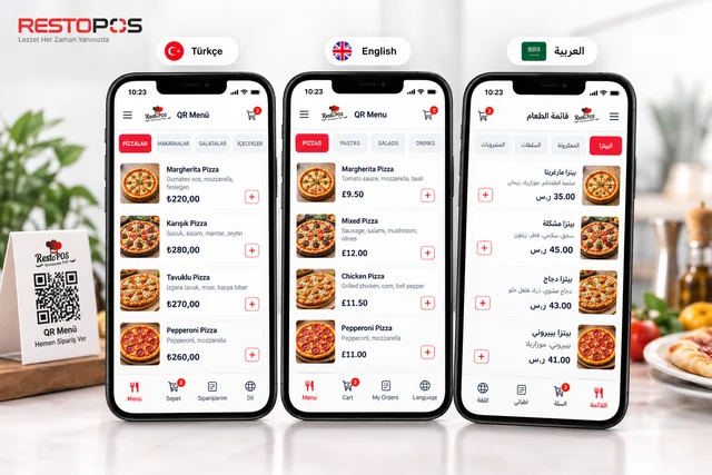QR menü üç telefonda Türkçe, İngilizce ve Arapça; Arapça ekran sağdan sola dizili