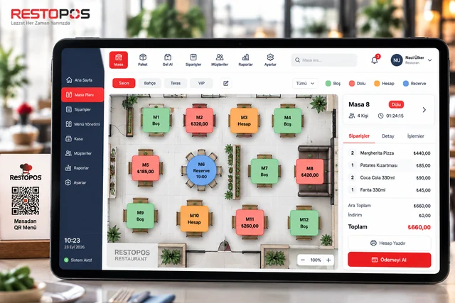 Tablette RSManager masa planı: Salon bölümünde masaların boş, dolu, hesap ve rezerve durumları; yanında 8 numaralı masanın sipariş özeti
