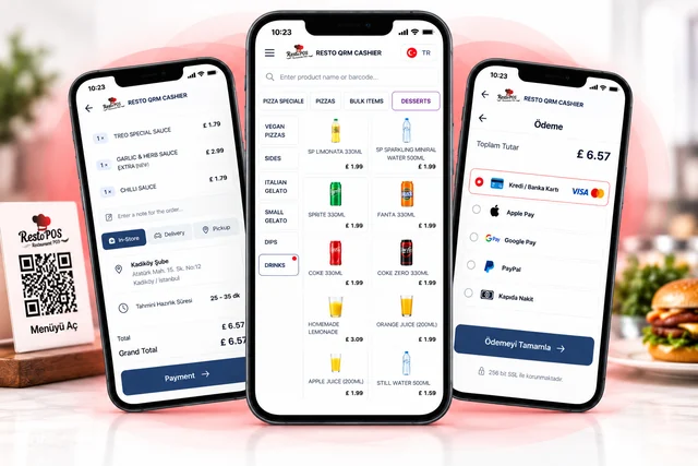 RSManager QR Menü üç telefonda: sepet ve teslimat, ürün menüsü ve ödeme ekranları; arka planda masada QR menü standı