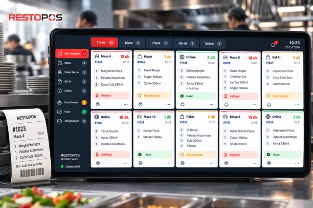 Mutfak ekranı: masa, paket, gel-al ve online siparişlerin fişleri; her fişte geçen süre ve bekliyor, hazırlanıyor, hazır durumu