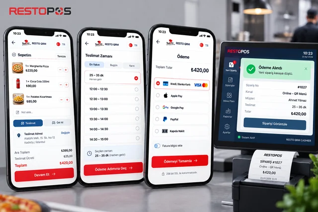 RSManager QR Menü ile online sipariş: sepet, teslimat zamanı ve ödeme adımları üç telefonda; yanında ödemesi alınmış siparişi gösteren kasa ekranı ve fişi
