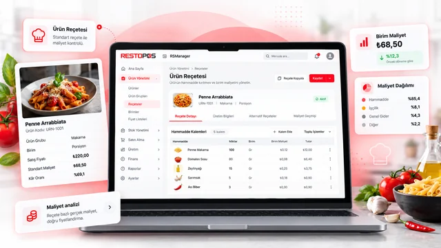 RSManager ürün reçetesi ekranı: bir makarna porsiyonunun hammadde kalemleri ve birim maliyeti; yanında maliyet dağılımı kartları